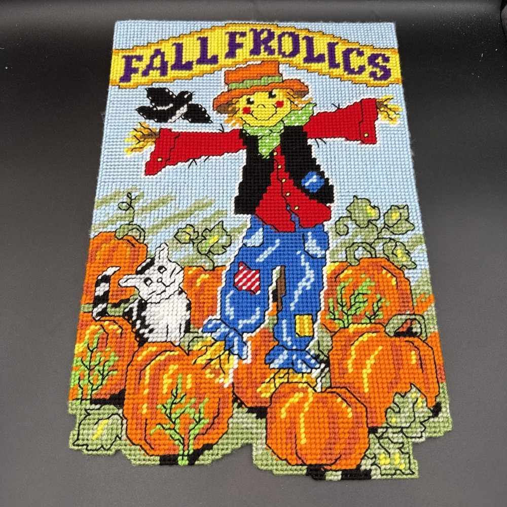 Plastic‎ Canvas Fall Wall Decor Completed Scarecrow Pumpkins 12 X 18"